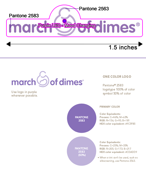 March of Dimes Custom Logo Flashing Blinky Light Pin with Logo Color Specification Guide