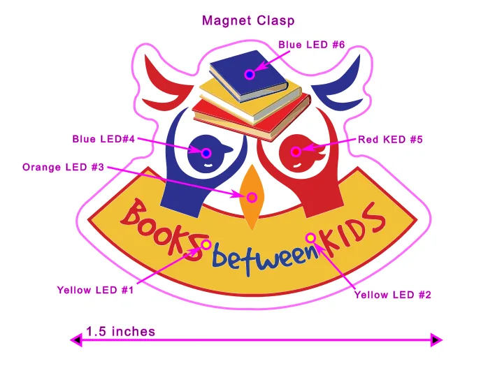 Books Between Kids custom light-up pin LED placement diagram