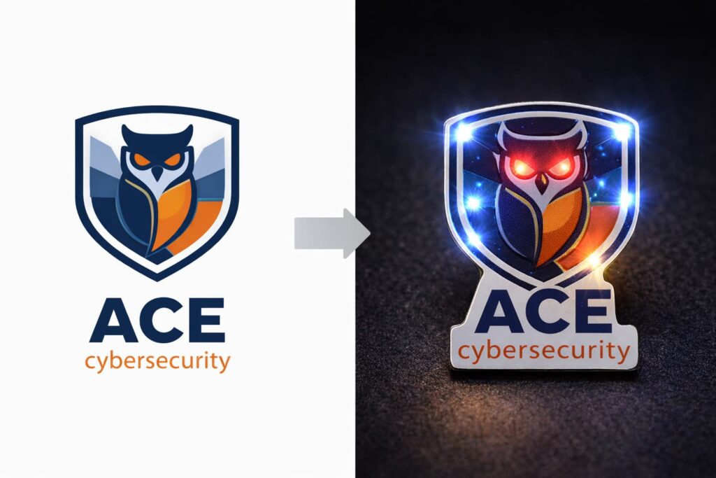 Company logo transformed into flashing LED lapel pin