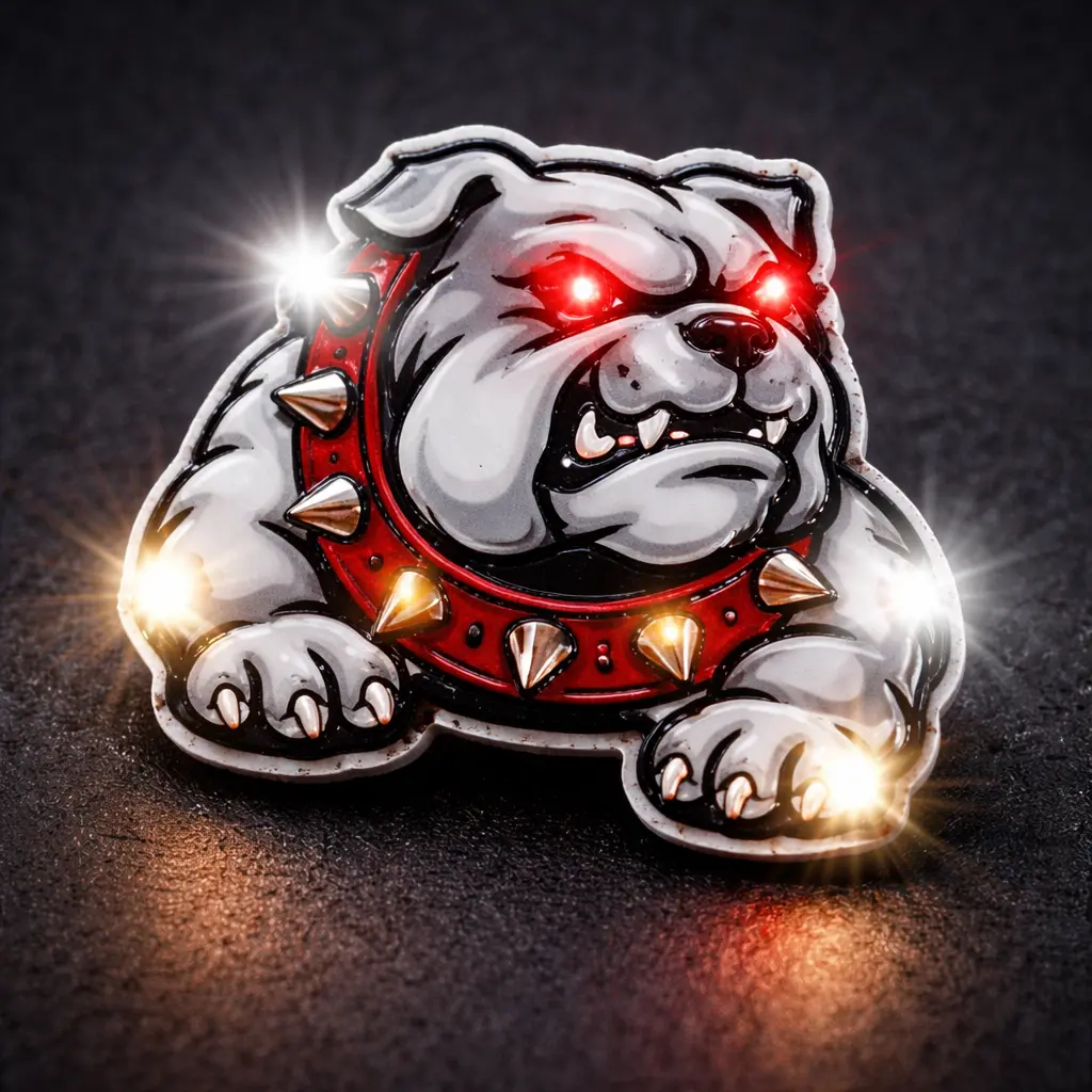 Custom LED pin with embedded lights illuminating a branded logo