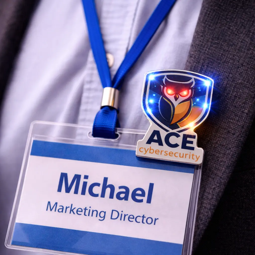 LED pin clipped to conference badge at trade show