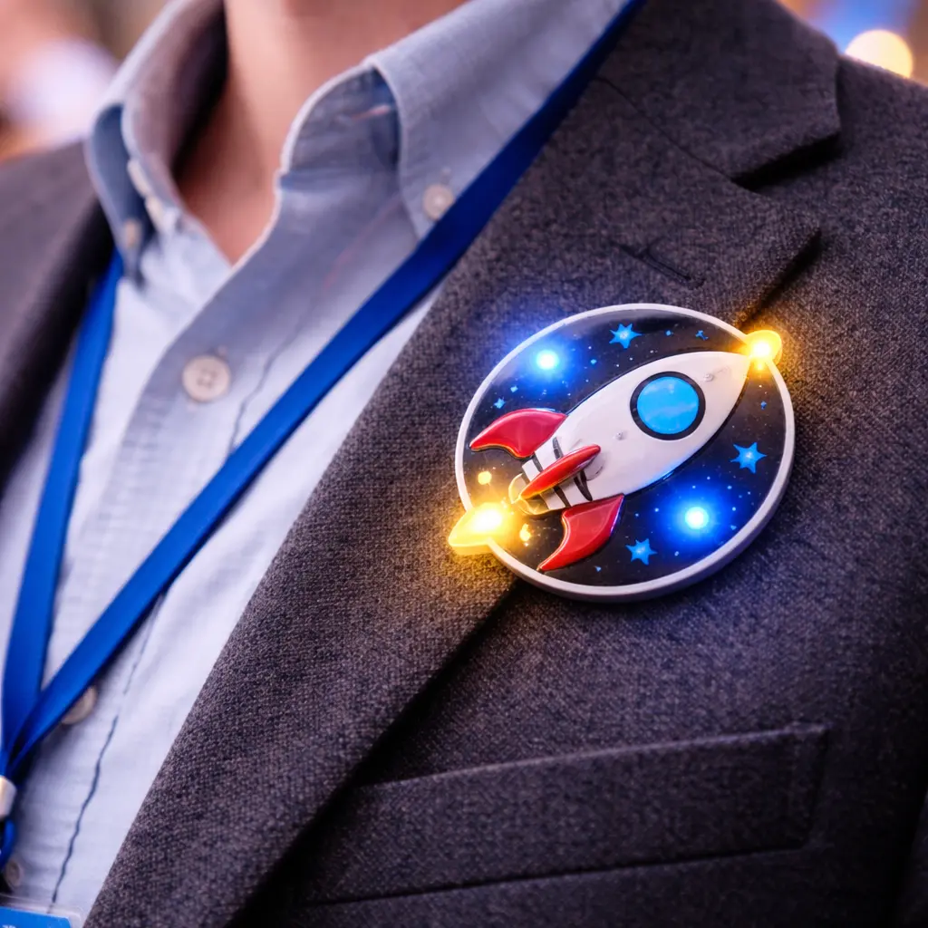 Light-up lapel pin worn on jacket at event